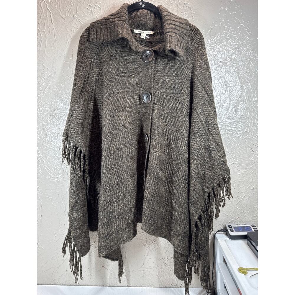 Carolyn Taylor Fringe Hippie Poncho Sweater Brown Button One Size Fits‎ All OS